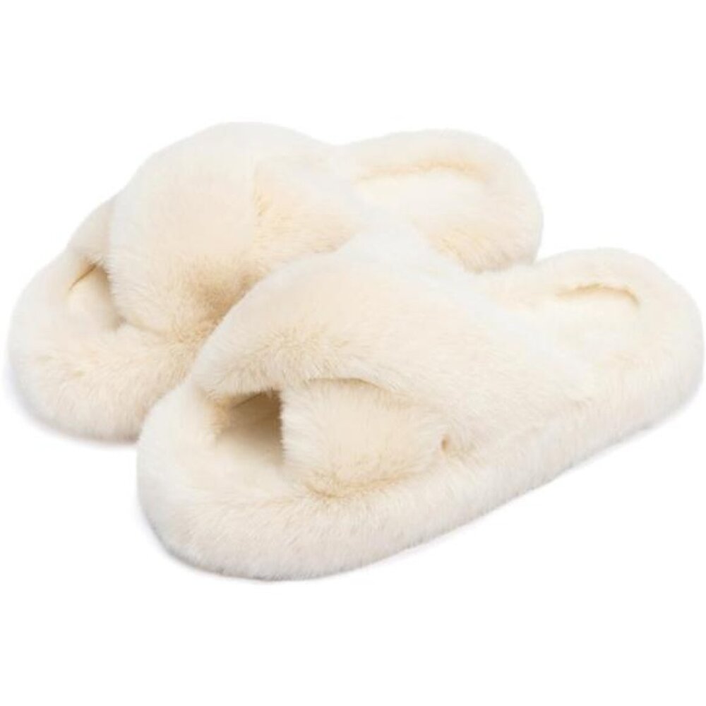 Women's Fuzzy Memory Foam Bedroom Slippers, Beige Cross